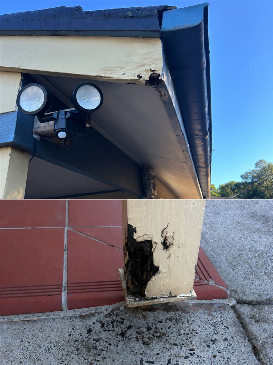 Rotted fascia and badly damaged timber post before repair